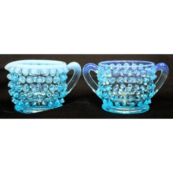 2 Pc Fenton Glass Mini Hobnail Creamer Jug Sugar Bowl Set Opalescent Star - Picture 1 of 13